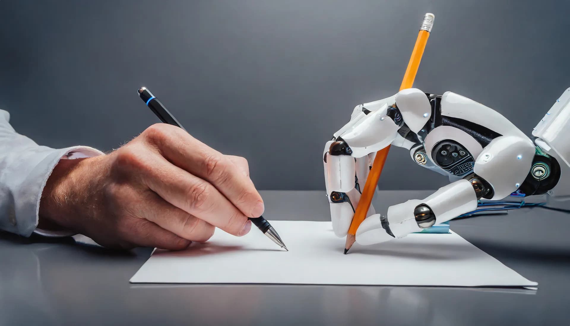 A human hand holding a pen and a white robotic hand holding a pencil, both writing on the same sheet of paper